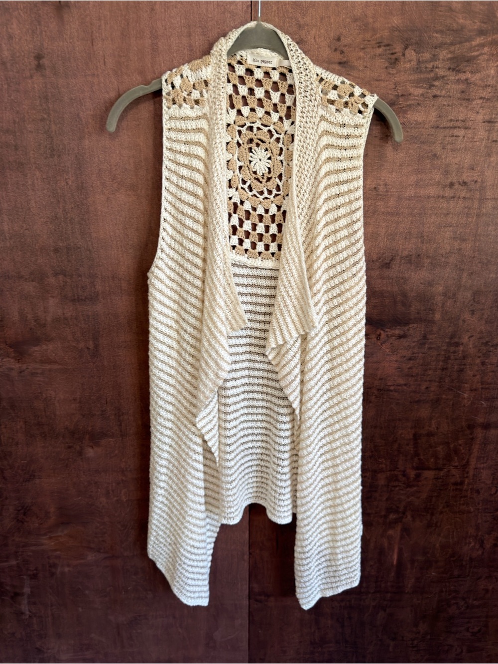 Sleeveless Crochet-Back Drape Tunic Vest - Cream (1034)